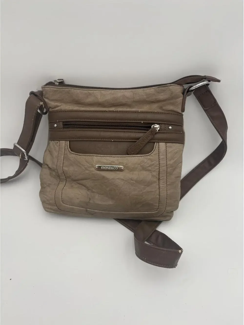 Stone & Co Brown and Taupe Crossbody Messenger Bag with Multiple Zip Pockets